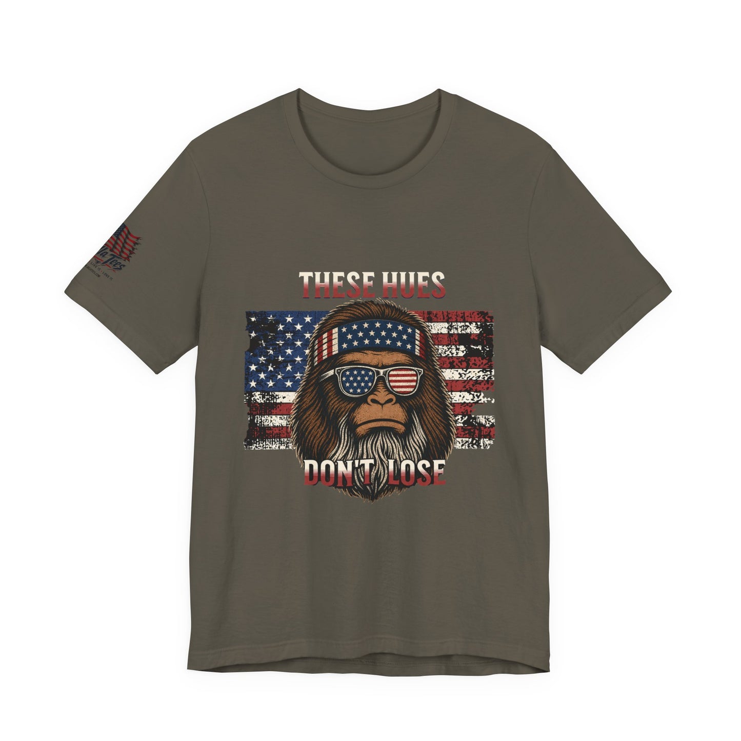 These Hues Don't Lose — Bigfoot American Flag Tee