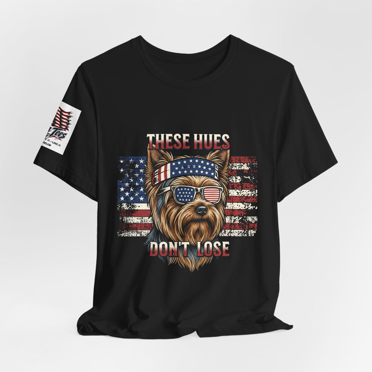 These Hues Don't Lose — Yorkie American Flag Tee