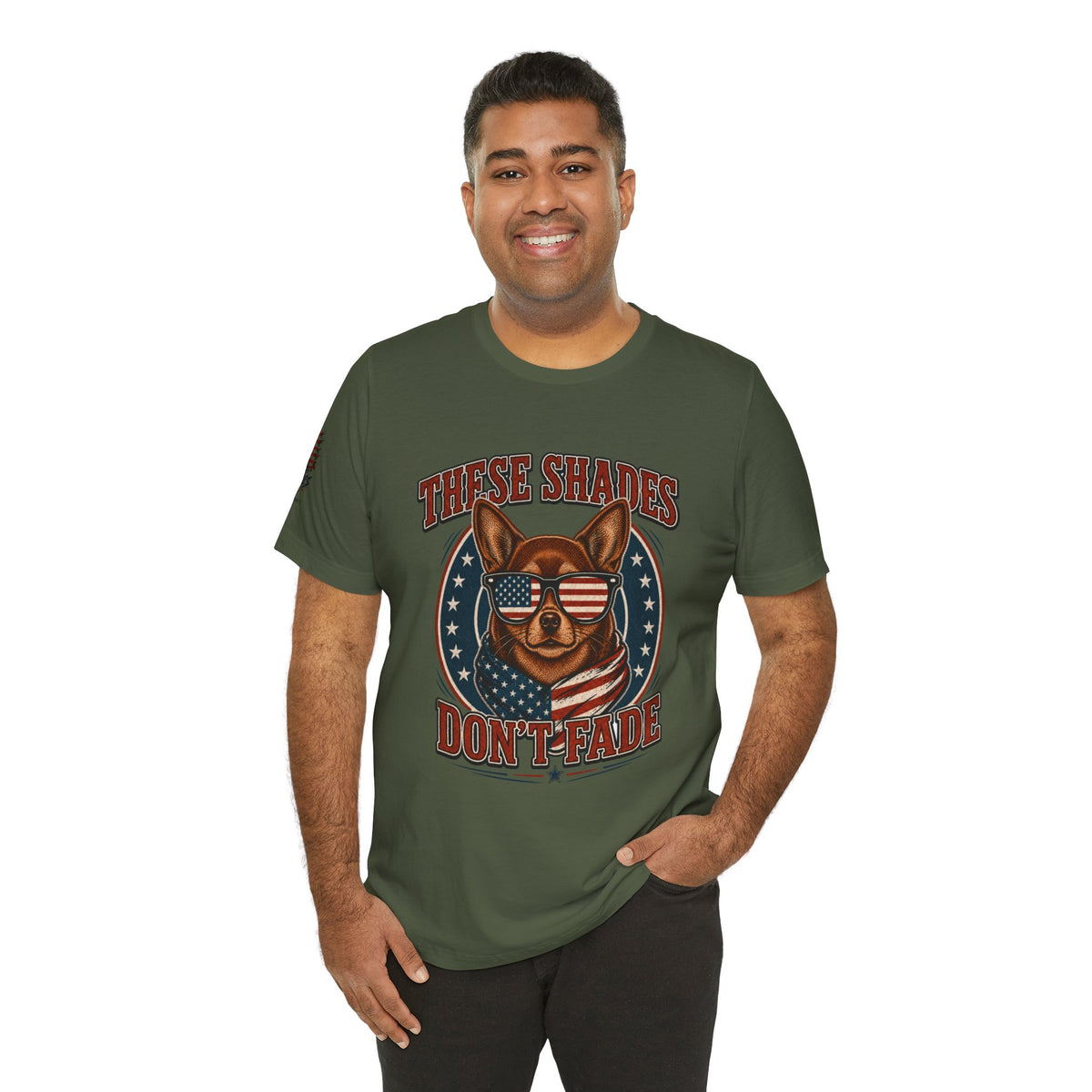 These Shades Don't Fade — Brown Chihuahua American Flag Tee