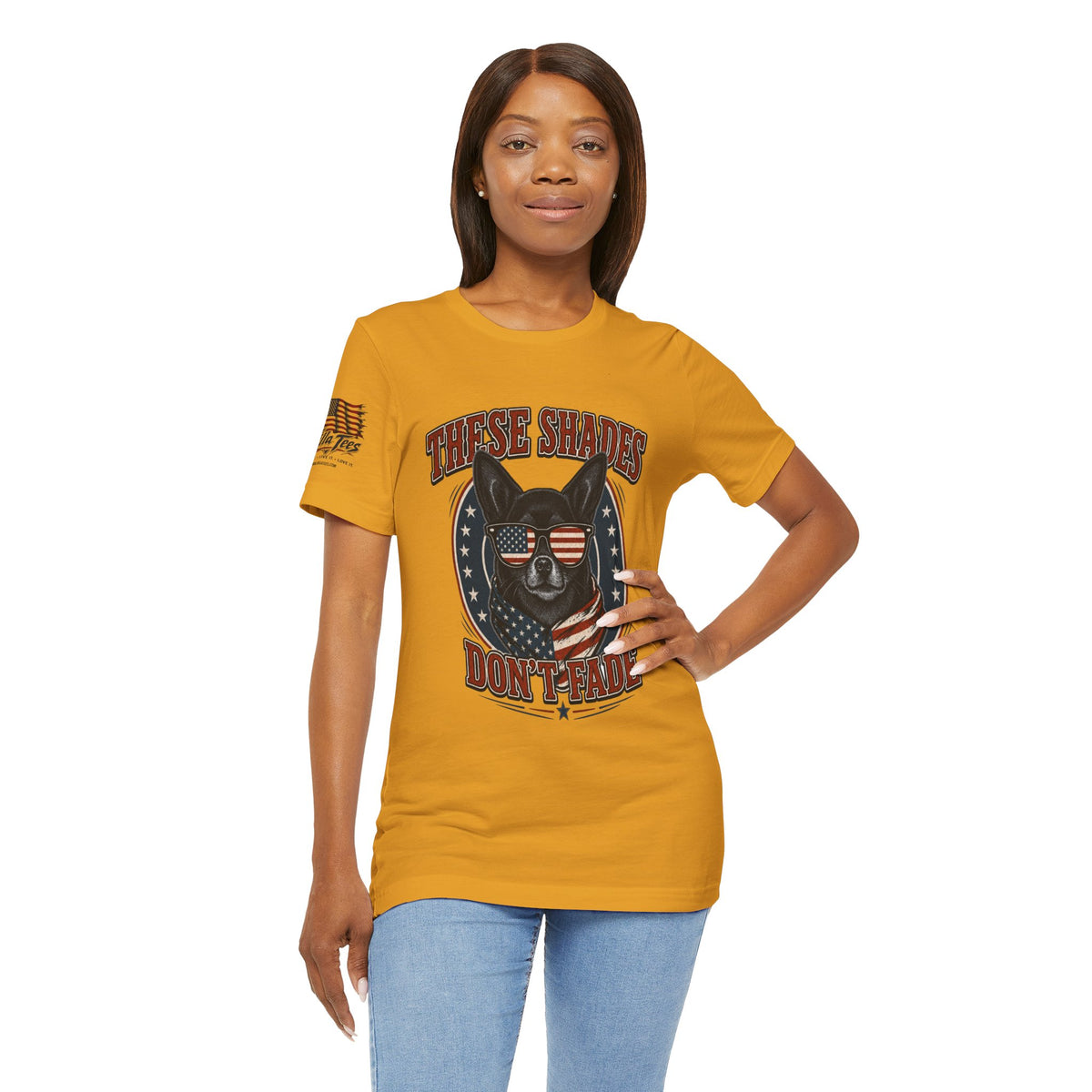 These Shades Don't Fade — Black Chihuahua American Flag Tee