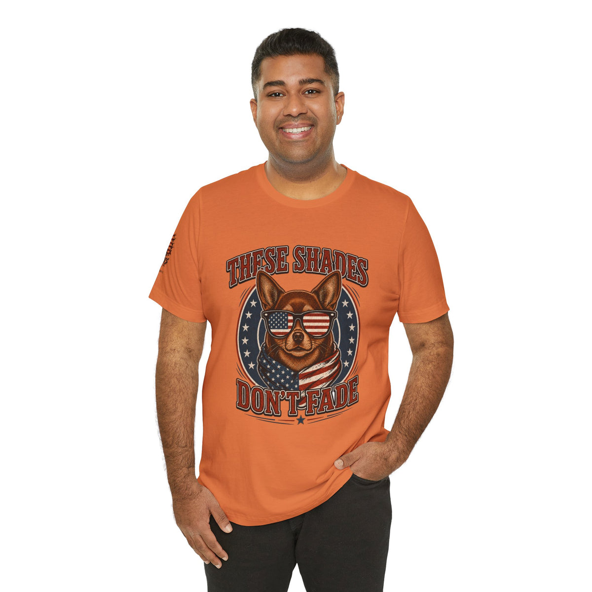 These Shades Don't Fade — Brown Chihuahua American Flag Tee