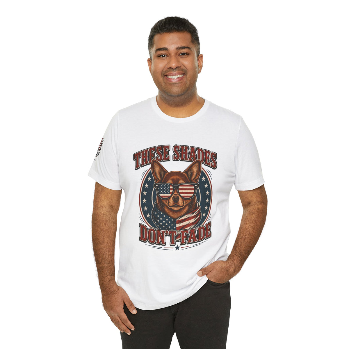 These Shades Don't Fade — Brown Chihuahua American Flag Tee