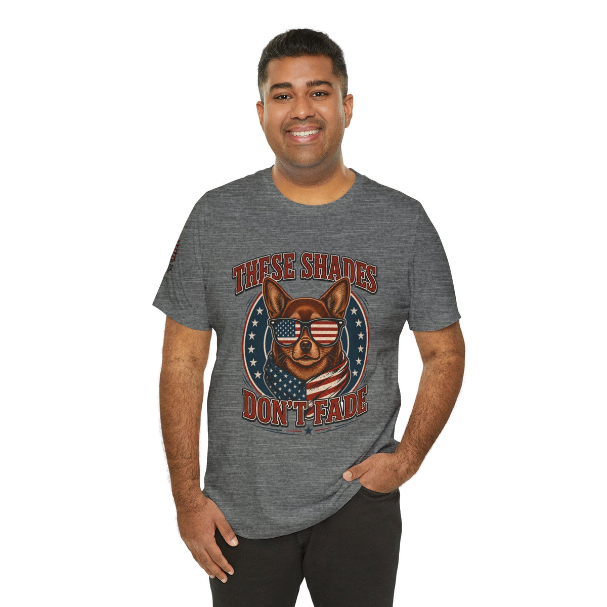 These Shades Don't Fade — Brown Chihuahua American Flag Tee