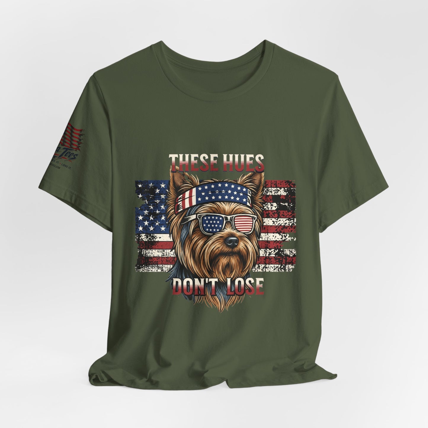 These Hues Don't Lose — Yorkie American Flag Tee