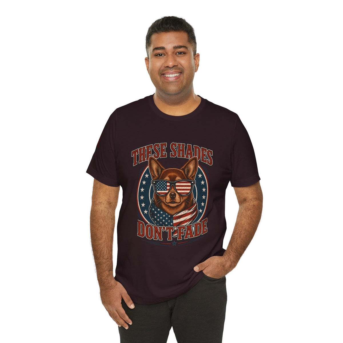These Shades Don't Fade — Brown Chihuahua American Flag Tee
