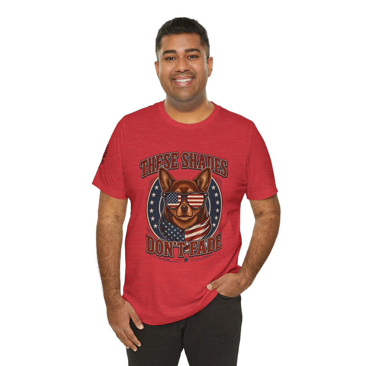 These Shades Don't Fade — Brown Chihuahua American Flag Tee
